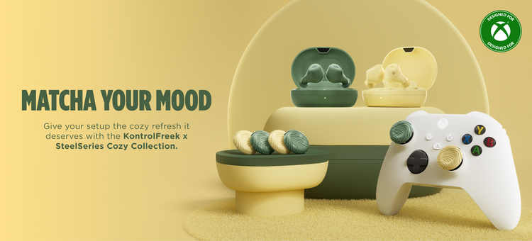 A promotional product shot for the KontrolFreek x SteelSeries Cozy Collection, featuring a white SteelSeries game controller, a pair of green wireless earbuds in a matching green charging case, and several pastel coasters on a round pedestal, all set against a warm yellow background with the text 'MATCHA YOUR MOOD'.